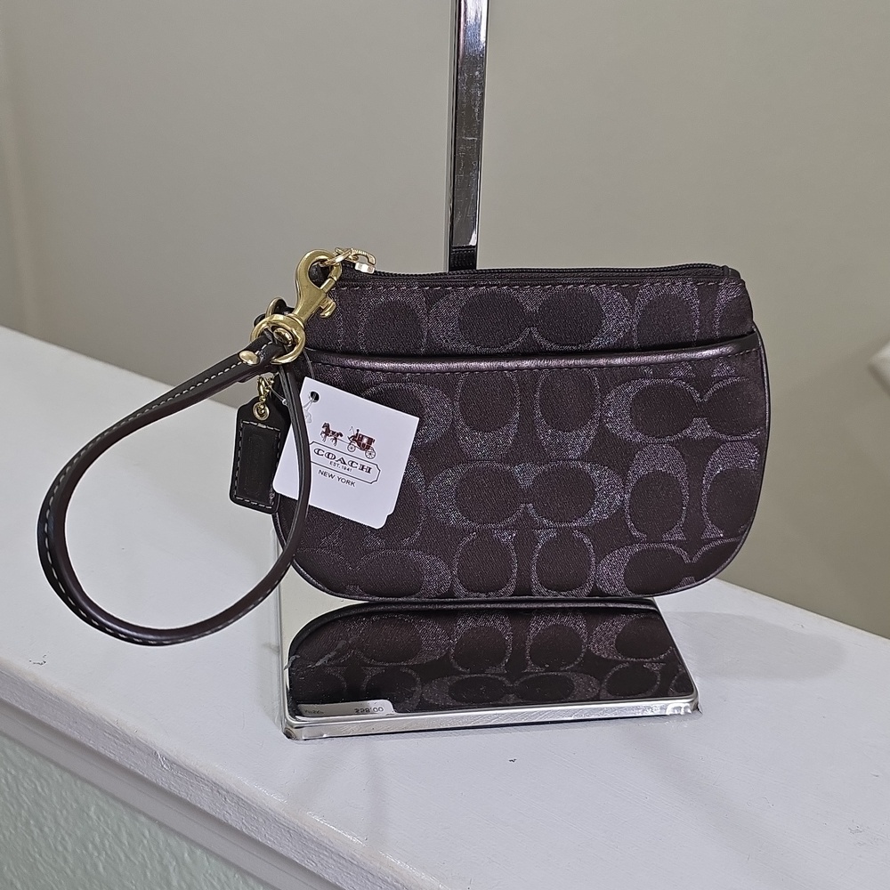 Coach 48694E Metallic Chocolate Brown/Brown Leather Trim Signature Wristlet NWT